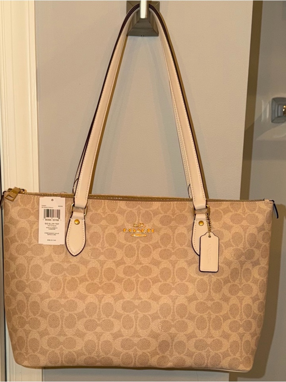 Coach Beige Signature Canvas Tote with white Leather Straps